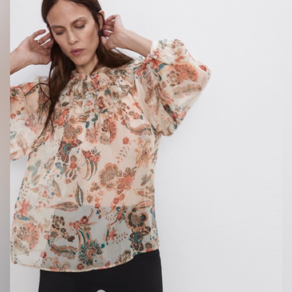 Zara Sheer Floral Ruffle Blouse - Picture 16 of 16